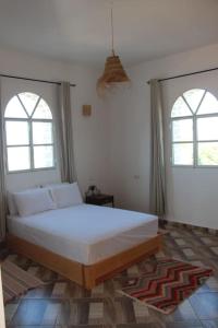 a bedroom with a large white bed with two windows at Villa Les jardins fleuris in Essaouira