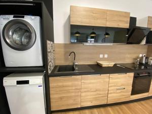 een keuken met een wastafel en een wasmachine bij Appartement Paul riquet avec place de parking in Béziers