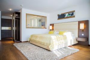 a bedroom with a large bed and a mirror at Iris Porsche Hotel & Restaurant in Mondsee