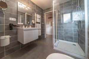een badkamer met een toilet en een douche bij Logis Hôtel-restaurant Les Coudercous in Saint-Chély-dʼAubrac
