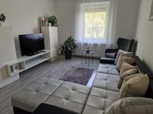a living room with a couch and a tv at Martina apartman Békéscsaba in Békéscsaba