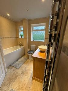 a bathroom with a tub and a sink and a toilet at The Bainden , With Private Secluded Hot Tub in Rotherfield