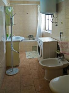 a bathroom with a toilet sink and a washing machine at Anica Apartment in Banjole
