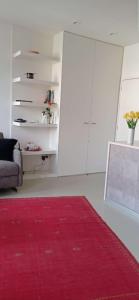 uma sala de estar com um tapete vermelho e um sofá em Saint-Jean de Luz, proche du centre ville - 2/4 personnes - 3* em Sainte-Barbe