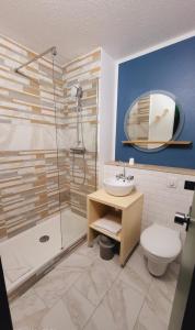 Hotel Joinville Hippodrome في جوافيل: حمام مع دش ومرحاض ومغسلة