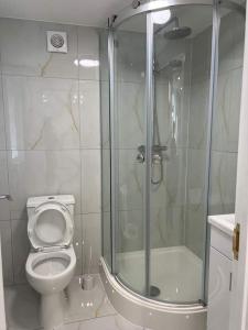 a bathroom with a toilet and a glass shower at Catherine 5 bedroom house in Crewe