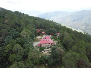 an aerial view of a house in the middle of a forest at West View Hotel in Rānīkhet