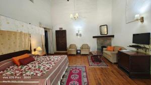 a bedroom with a bed and a tv and a couch at West View Hotel in Rānīkhet