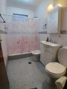 a bathroom with a toilet and a shower curtain at La Casa Blanca in Salta