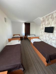リヴィウにあるAutopark Hotelのベッド2台、薄型テレビが備わるホテルルームです。