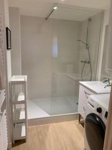 uma casa de banho com um chuveiro e uma máquina de lavar roupa em Jaurès - Centre-Ville - T3 au calme em Brest