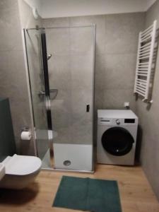 a bathroom with a shower stall and a toilet at Fantastyczny apartament Lotnisko in Poznań