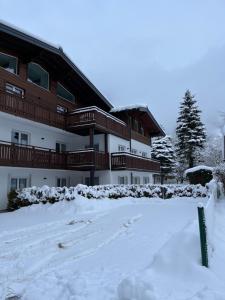 un edificio con nieve delante en Haus Breitenfellner by AlpenTravel en Bad Hofgastein