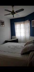 1 dormitorio con 1 cama, ventilador de techo y ventana en Lo de Vega en San Salvador de Jujuy
