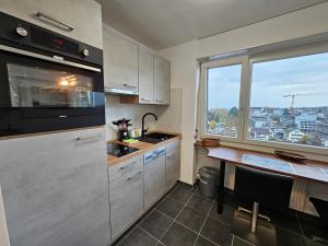 a kitchen with a counter and a large window at Lake View See & Bergsicht free parking in Kreuzlingen +3 photos
