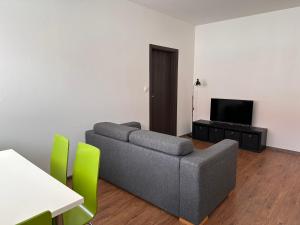 uma sala de estar com um sofá e uma televisão de ecrã plano em Apartmán AB kryté parkování zdarma em České Budějovice