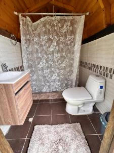 a bathroom with a toilet and a shower curtain at Glamping Mirador Colina. in San Francisco