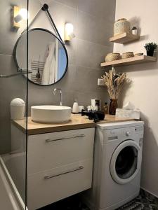 a bathroom with a washing machine and a mirror at Joli appartement à Fegersheim in Fegersheim