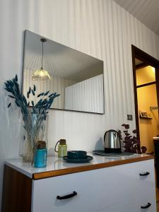 cocina con encimera y espejo en Appartamento Ai Palasi, en Vittorio Veneto