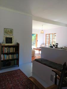 Bushman's Pillow في Sanddrif: غرفة معيشة مع رف كتاب وأريكة