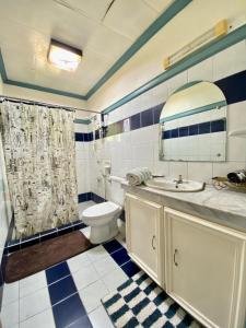 a bathroom with a toilet and a sink and a mirror at La Casa Blanca Binoclutan in Botolan