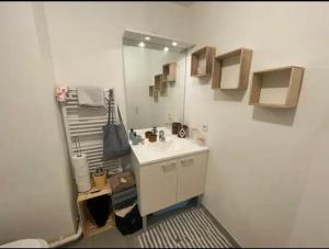 a bathroom with a white sink and a mirror at La Belle Échappée à Montreuil in Montreuil