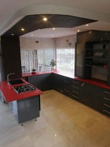 a kitchen with black cabinets and a red counter top at Burd's Nest 215 in Shelly Beach