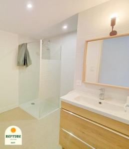 a bathroom with a sink and a shower with a mirror at Chambre BREIZH en coliving in Brest