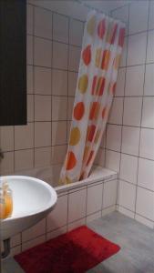 baño con lavabo y cortina de ducha en Ruhe-Nescht, en Vaihingen an der Enz