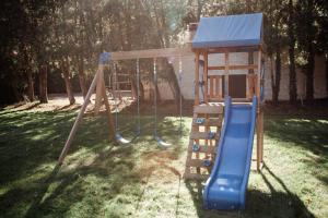 een speeltuin met een blauwe glijbaan in een tuin bij Spacious Five-Bedroom Bliss in Fairlawn