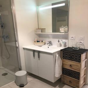 ein Badezimmer mit einem weißen Waschbecken und einer Dusche in der Unterkunft Azurea - Charmant appartement à Andernos-les-Bains in Andernos-les-Bains