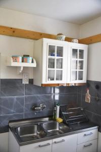 uma cozinha com um lavatório e armários brancos em Apartman Ristovic em Vrnjačka Banja