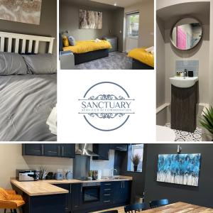 un collage de fotos de un dormitorio y un baño en University Apartment • Sleeps 8 en Loughborough