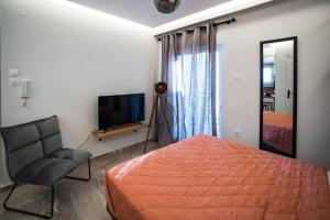 een slaapkamer met een bed, een stoel en een televisie bij Wanderer, Nilie Hospitality MGMT in Thessaloniki