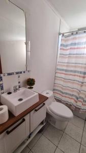 a bathroom with a sink and a toilet and a mirror at Cabaña familiar con piscina a pasos de San Antonio, en Quillaycillo in El Tabo