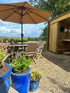 a patio with a table and chairs and an umbrella at The Yurt @ Penbanc Pasture in Cardigan