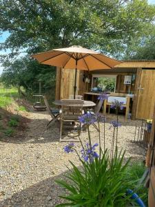 卡迪根的住宿－The Yurt @ Penbanc Pasture，一个带桌子和遮阳伞的庭院