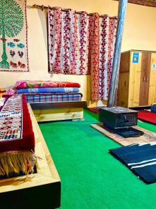 a room with a green carpet and two beds at Spiti Horizon Homestay in Kaza