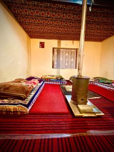 a room with two beds and a stove in it at Spiti Horizon Homestay in Kaza