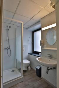 a bathroom with a shower and a sink and a toilet at Chez Phil in Robertville