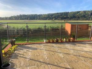 a view of a field from a patio with plants at Bath and Bristol peaceful countryside home in Keynsham