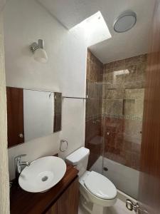 uma casa de banho com um WC, um lavatório e um chuveiro em Casa Spa Palmeras - Habitación Privada em Cancún