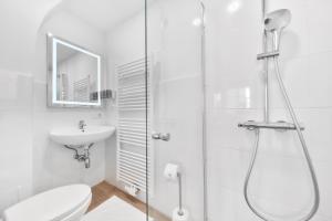 e bagno con doccia, servizi igienici e lavandino. di Smile Apartments "Weinhimmel" a Krems an der Donau
