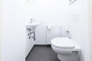 une salle de bain blanche avec des toilettes et un lavabo dans l'établissement OrestaLiving - Spacious 2BR on the Danube Canal, à Vienne