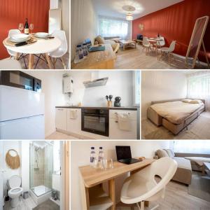 a collage of photos of a kitchen and a living room at L'escale mauricienne in Chalon-sur-Saône