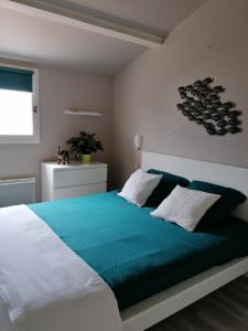 Mollans-sur-OuvèzeにあるLa plume du Ventouxのベッドルーム1室(大型ベッド1台、緑の毛布付)