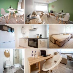 eine Collage mit Fotos von einer Küche und einem Wohnzimmer in der Unterkunft Le studio tropical in Chalon-sur-Saône