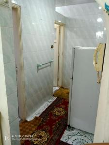 een kleine badkamer met een douche en een koelkast bij شقة مفروشة للايجار in Damietta
