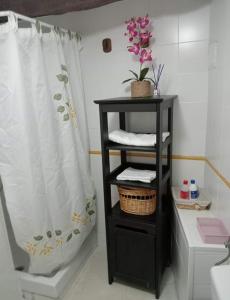 ein Badezimmer mit einem schwarzen Regal mit einem Duschvorhang in der Unterkunft Casa Rural La Peña en Unquera (Cantabria) in Unquera