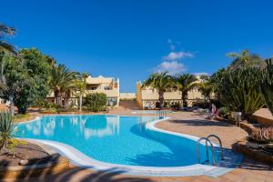 una piscina en un complejo con palmeras en Villas y Apartamentos El Sultan, en Corralejo